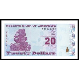 Zimbabwe Pick. 95 20 Dollars 2009 SC