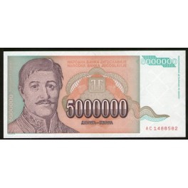 Yugoslavia Pick. 132 5 M. Dinara 1993 UNC
